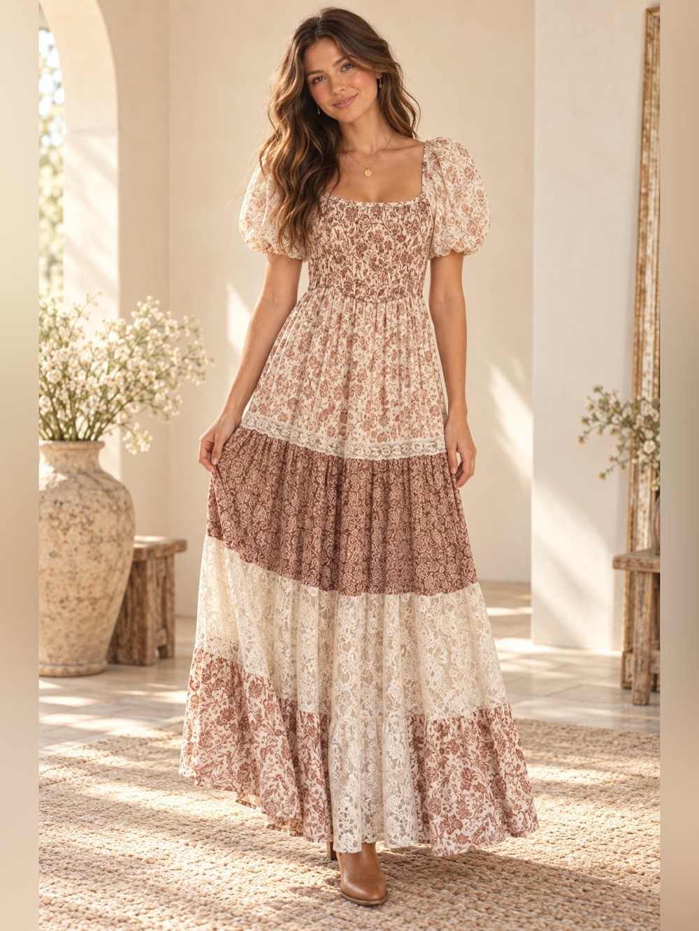 Altar'd State Aderny Patchwork Floral Maxi Dress - Tiered Puff-Sleeve Maxi Dress